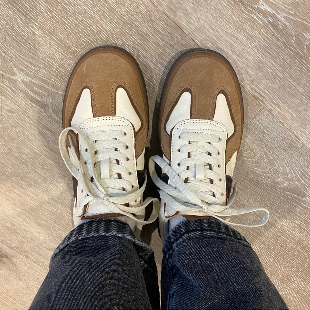 Women's Retro Sneakers Brown Black and Beige Size 8 Suede Trainers Vegan Leather